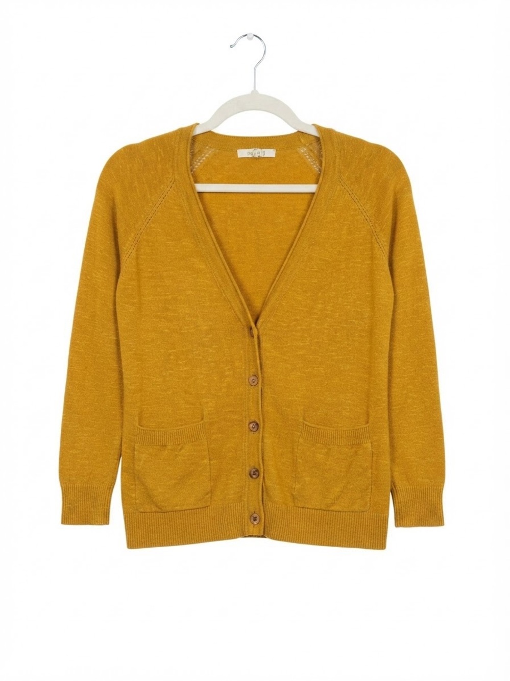 Quiet Luxury WhiteStuff Linen Blend Mustard Cardigan Sweater Minimalist Academic
